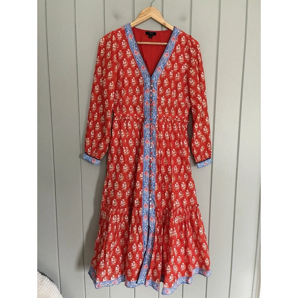 J. Crew Button-Up Tiered Midi Dress 4 Cerise Cove Red Classic Block Print AP181